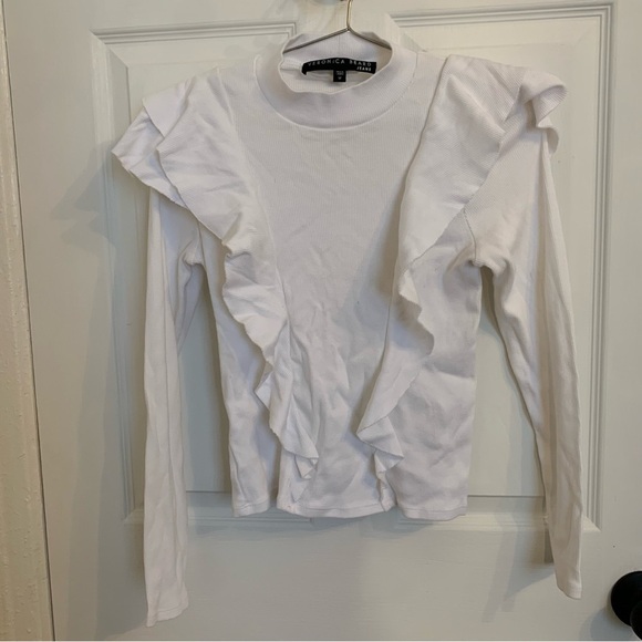 Veronica Beard White Ruffle Mock Turtleneck - Picture 1 of 3